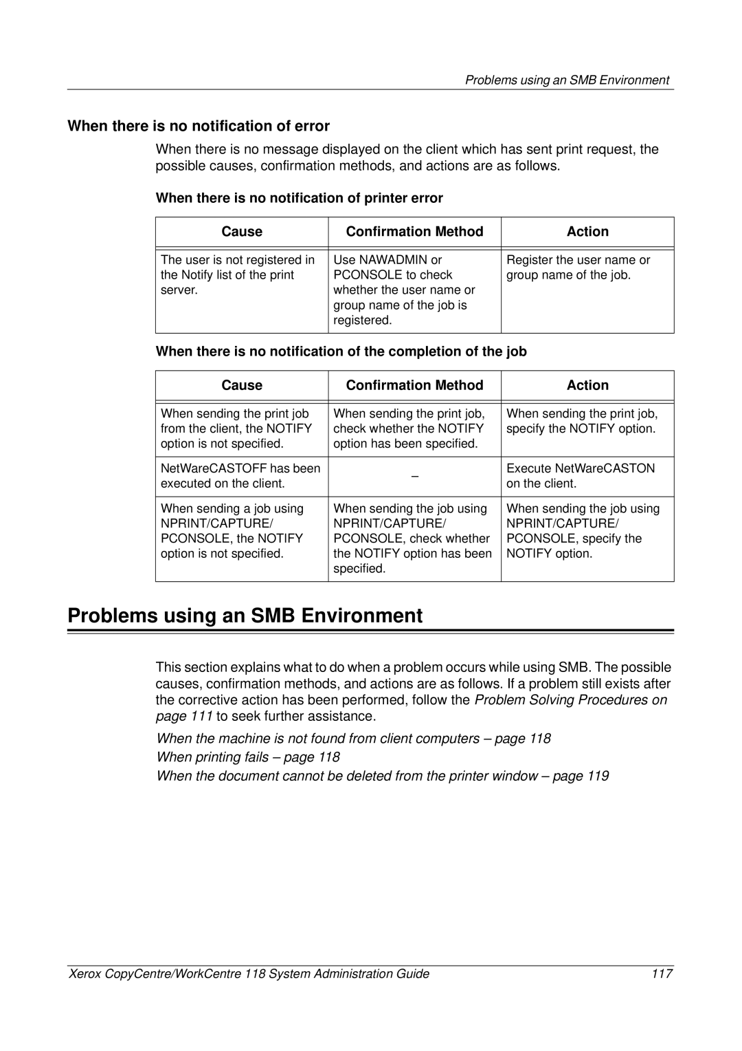 Xerox 701P42722_EN manual Problems using an SMB Environment, When there is no notification of error 