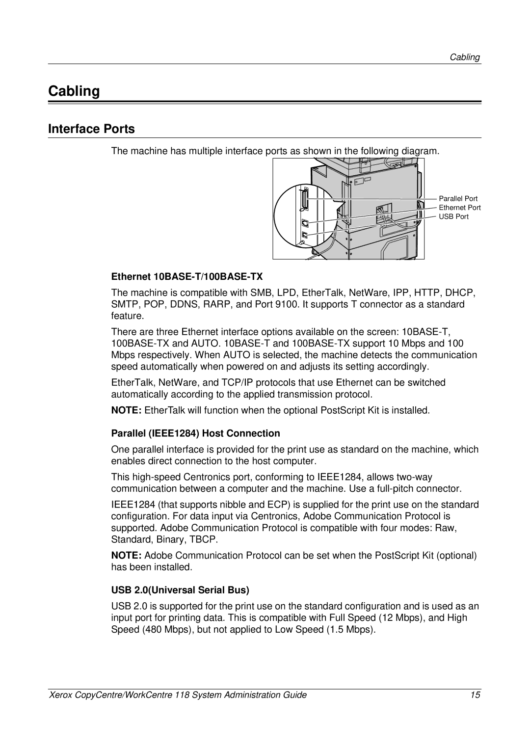 Xerox 701P42722_EN manual Cabling, Interface Ports, Ethernet 10BASE-T/100BASE-TX, Parallel IEEE1284 Host Connection 