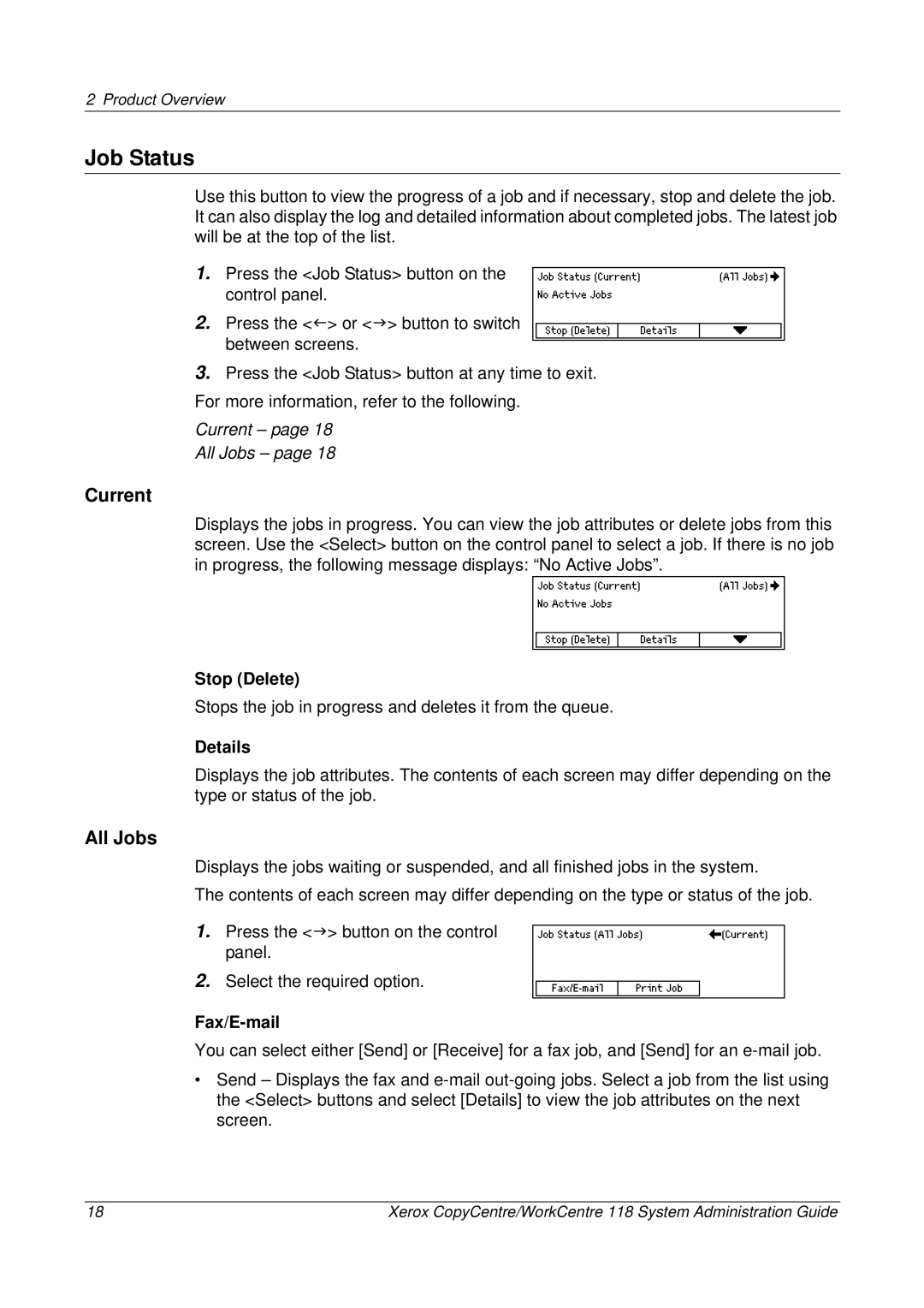 Xerox 701P42722_EN manual Job Status, Current, All Jobs 