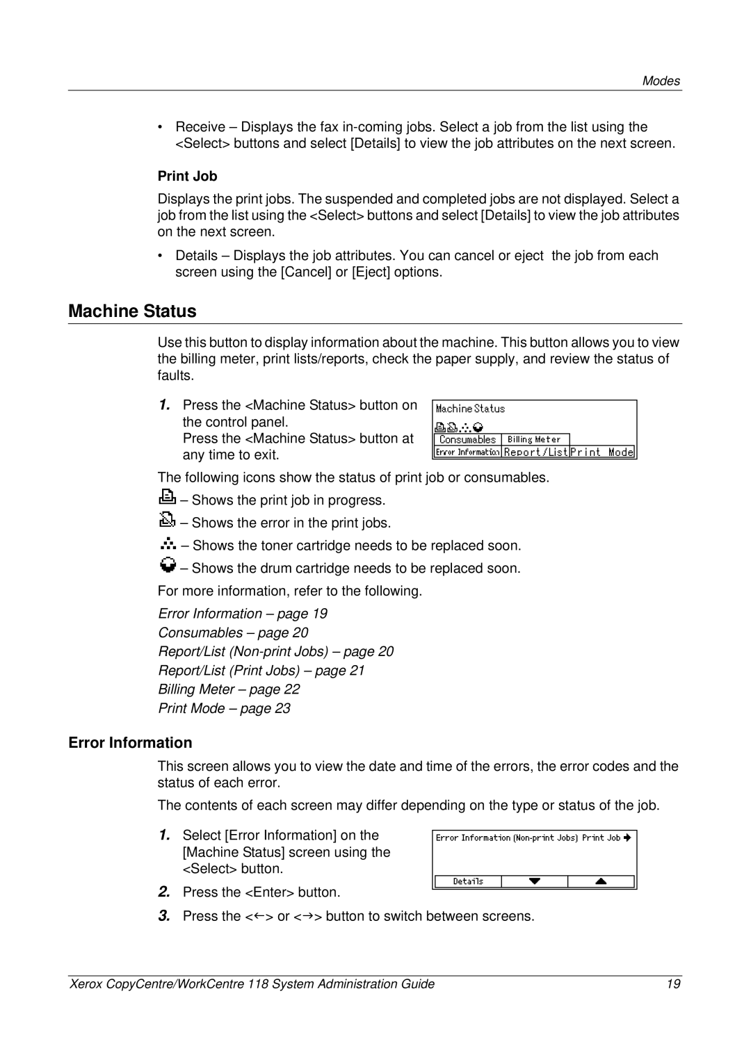 Xerox 701P42722_EN manual Machine Status, Error Information, Print Job 