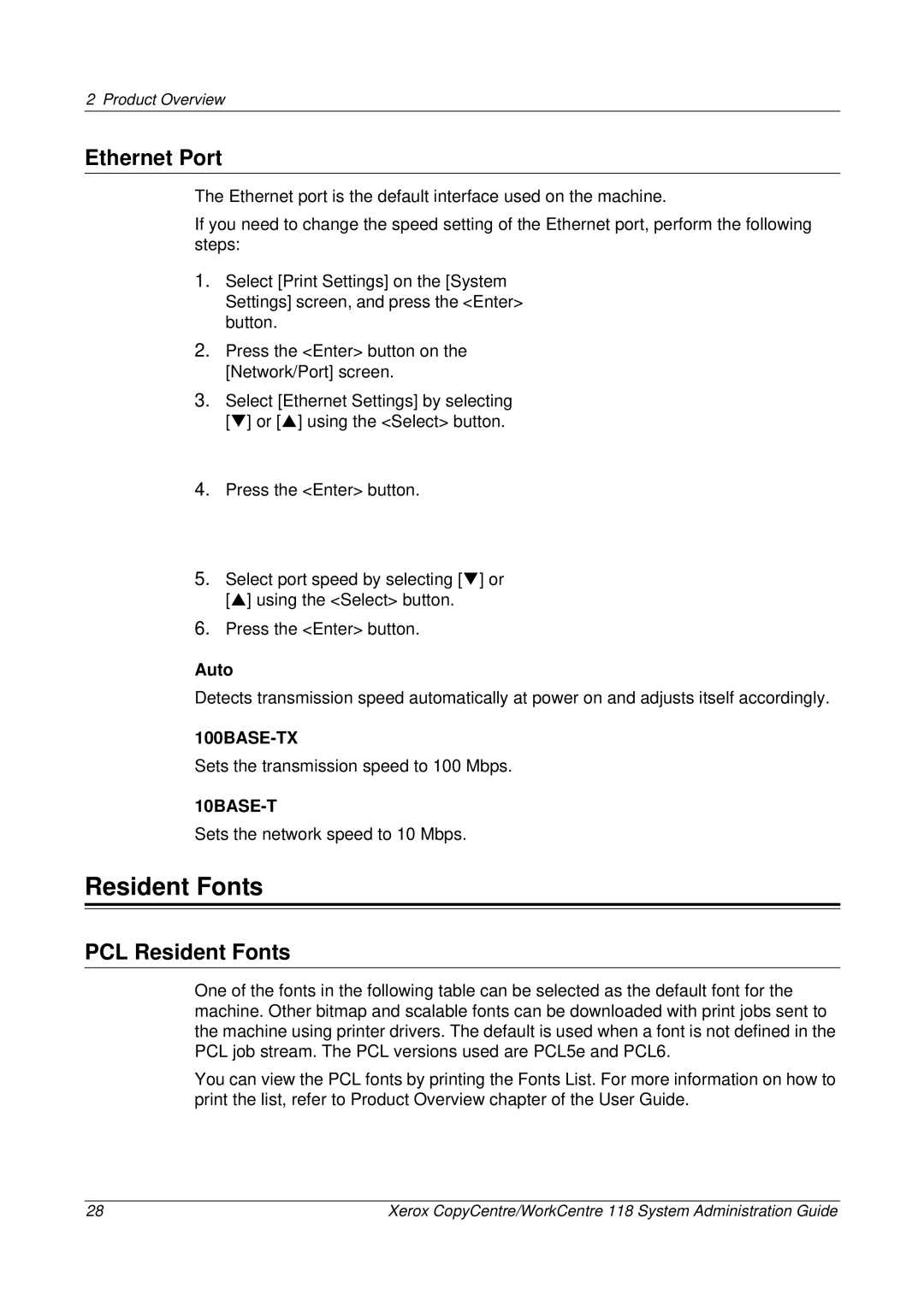 Xerox 701P42722_EN manual Ethernet Port, PCL Resident Fonts, Auto 