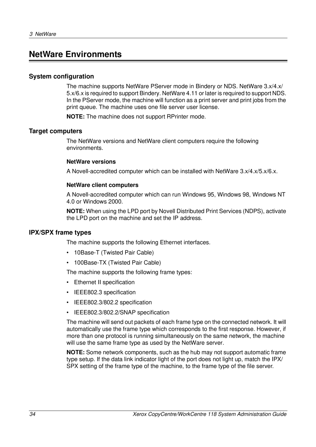 Xerox 701P42722_EN manual NetWare Environments, System configuration, Target computers, IPX/SPX frame types 