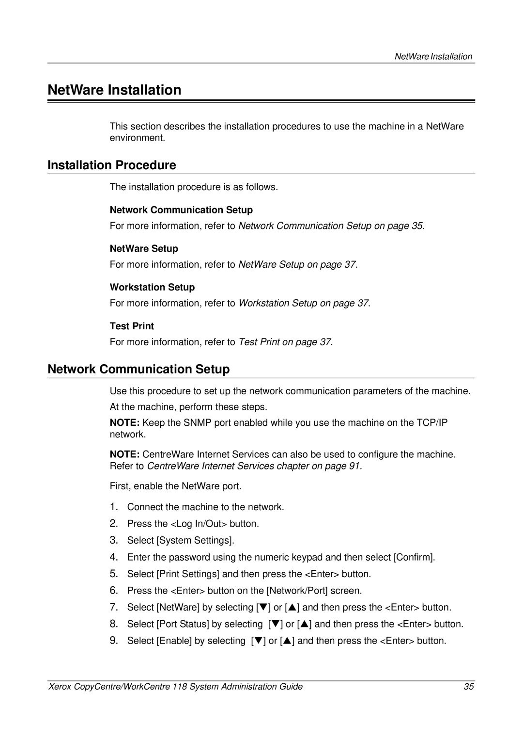 Xerox 701P42722_EN manual NetWare Installation, Installation Procedure, Network Communication Setup 