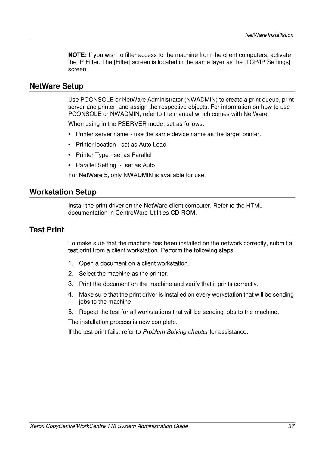 Xerox 701P42722_EN manual NetWare Setup, Workstation Setup, Test Print 