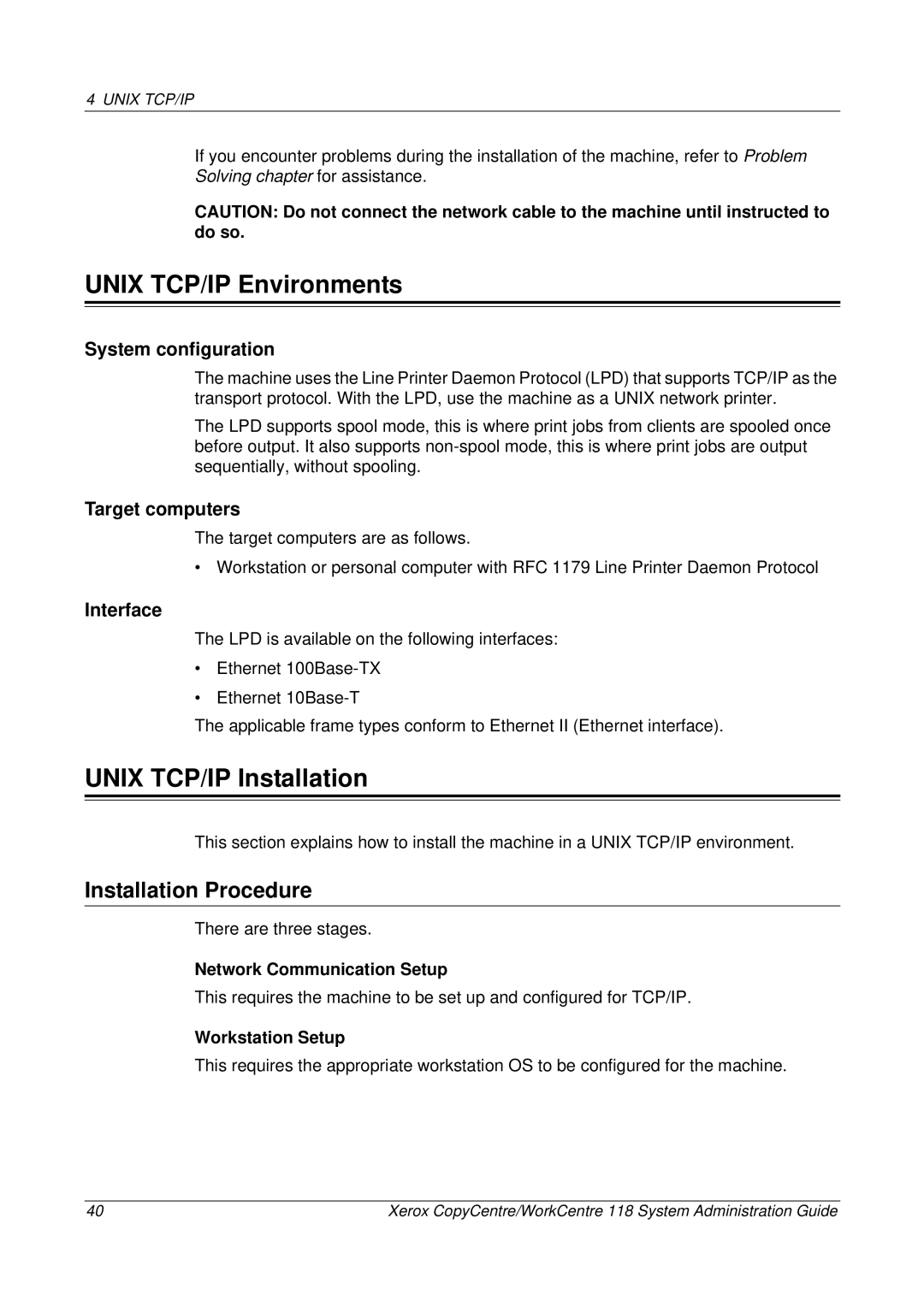 Xerox 701P42722_EN manual Unix TCP/IP Environments, Unix TCP/IP Installation, Interface 