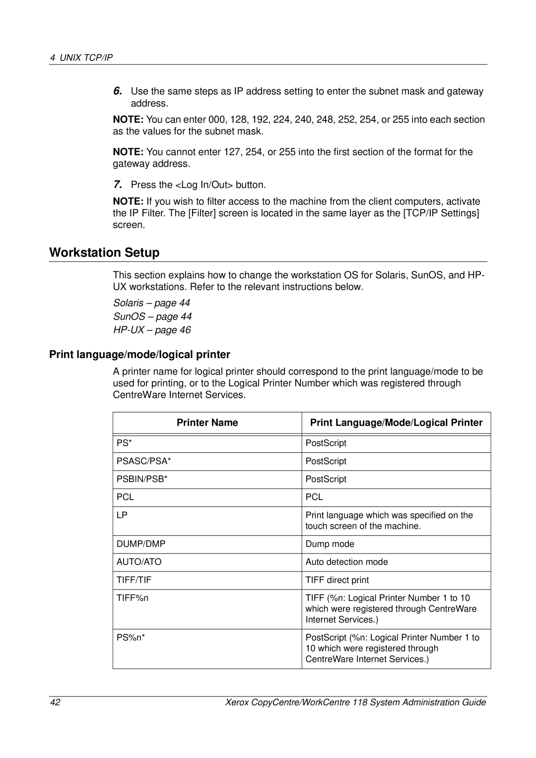 Xerox 701P42722_EN manual Print language/mode/logical printer, Printer Name Print Language/Mode/Logical Printer 