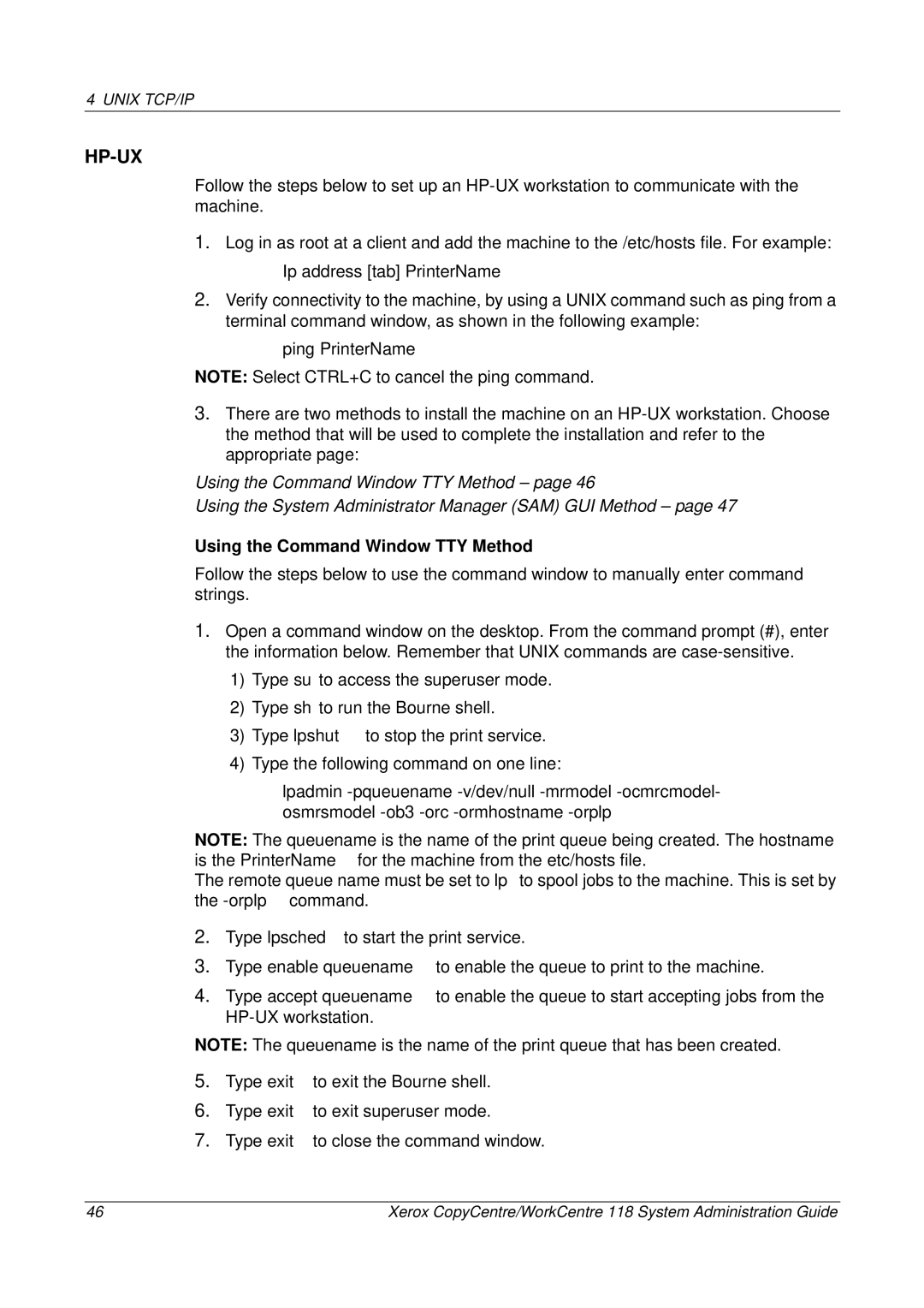 Xerox 701P42722_EN manual Hp-Ux, Using the Command Window TTY Method 