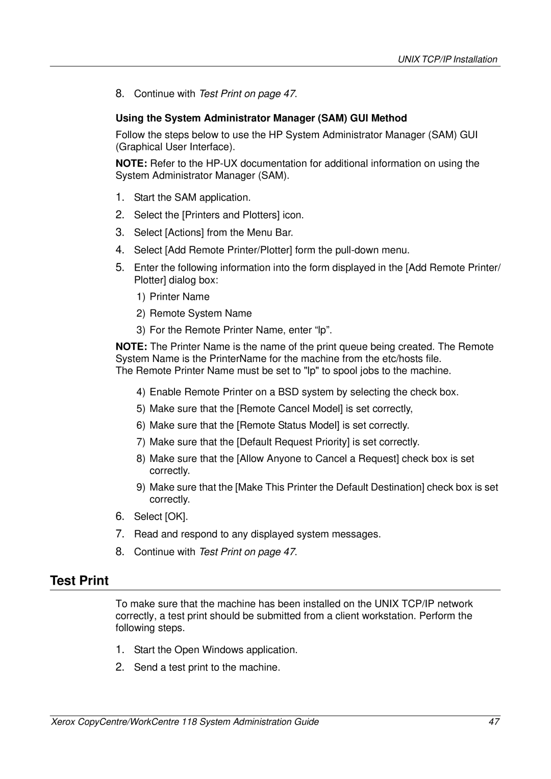 Xerox 701P42722_EN manual Test Print, Using the System Administrator Manager SAM GUI Method 