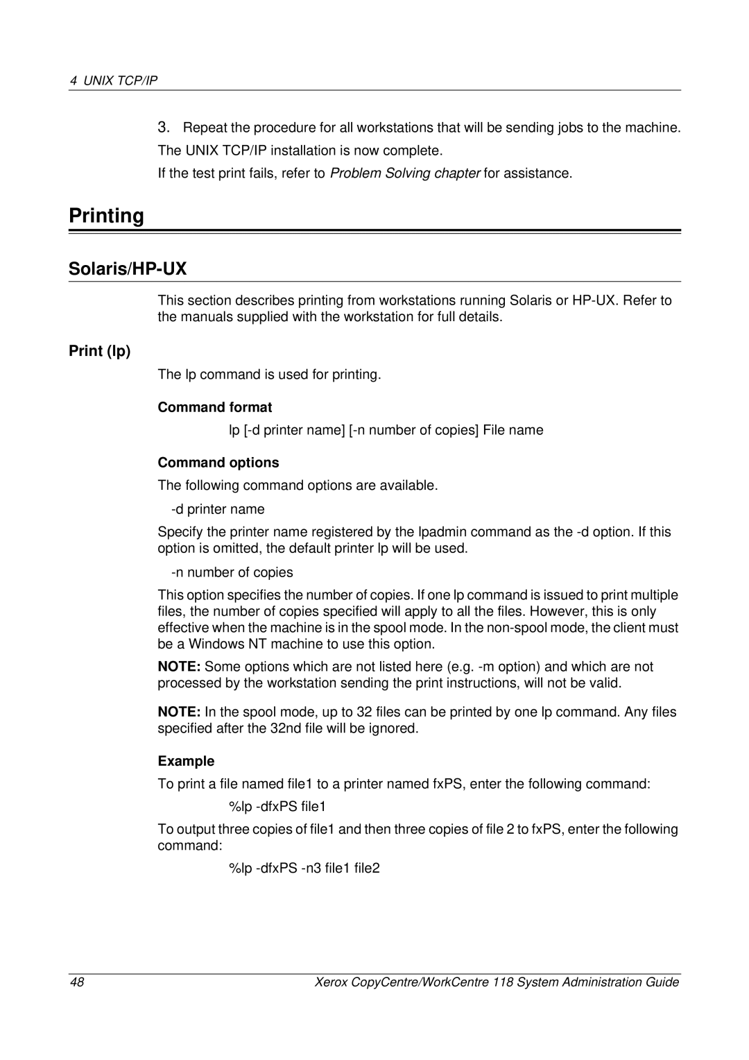 Xerox 701P42722_EN manual Printing, Solaris/HP-UX, Print lp 