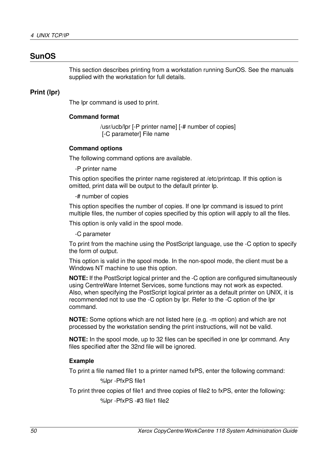 Xerox 701P42722_EN manual SunOS, Print lpr 