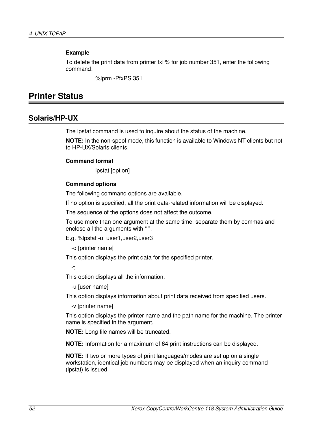 Xerox 701P42722_EN manual Printer Status, lpstat -u user1,user2,user3 Printer name 