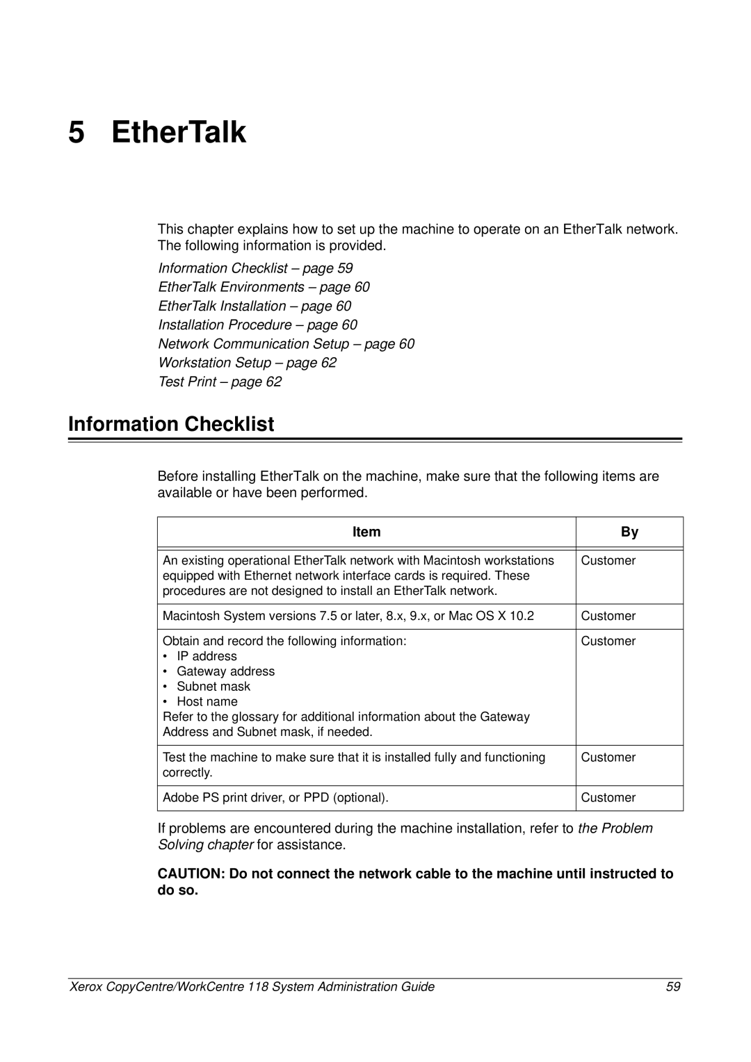 Xerox 701P42722_EN manual EtherTalk, Information Checklist 