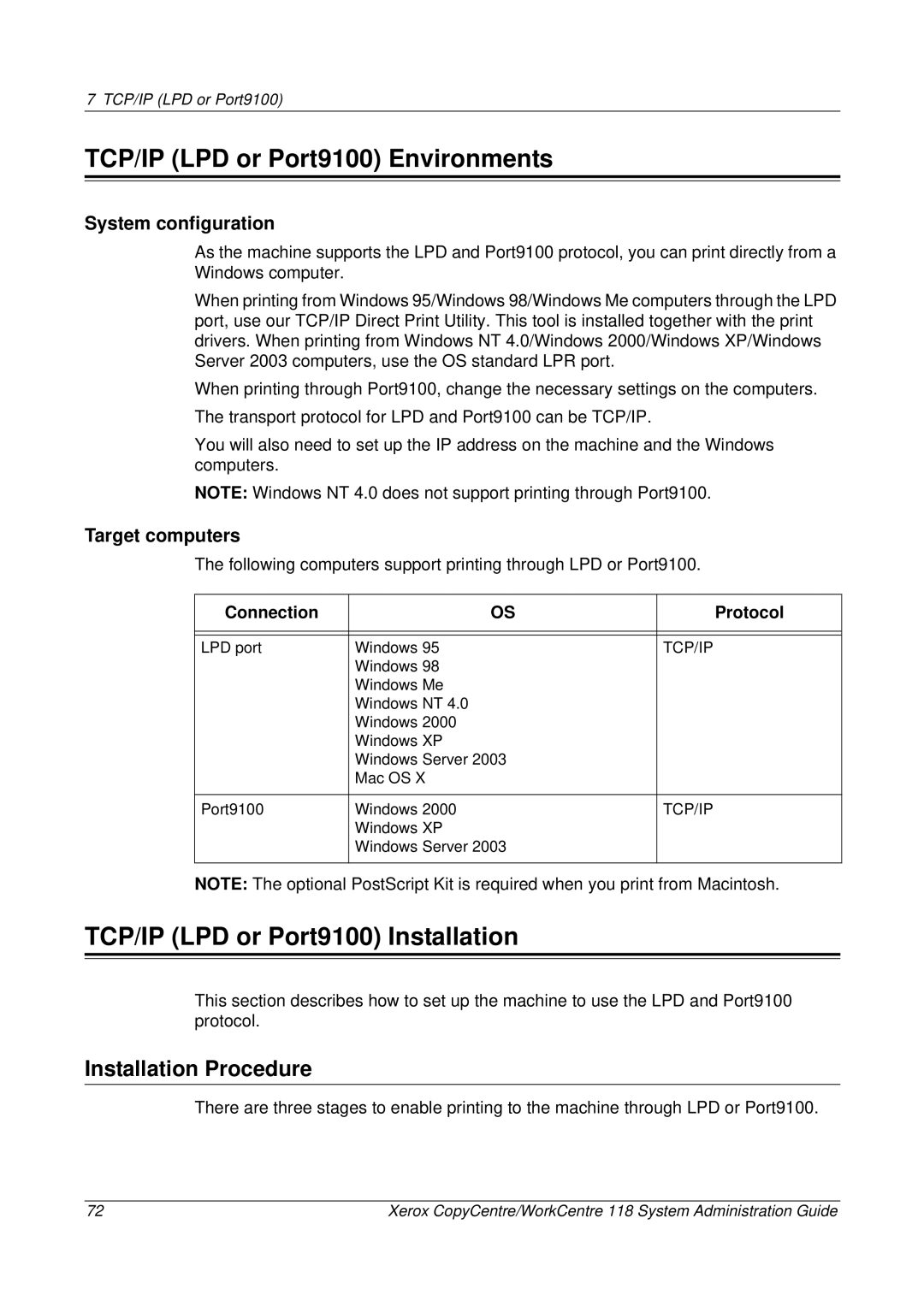 Xerox 701P42722_EN manual TCP/IP LPD or Port9100 Environments, TCP/IP LPD or Port9100 Installation 