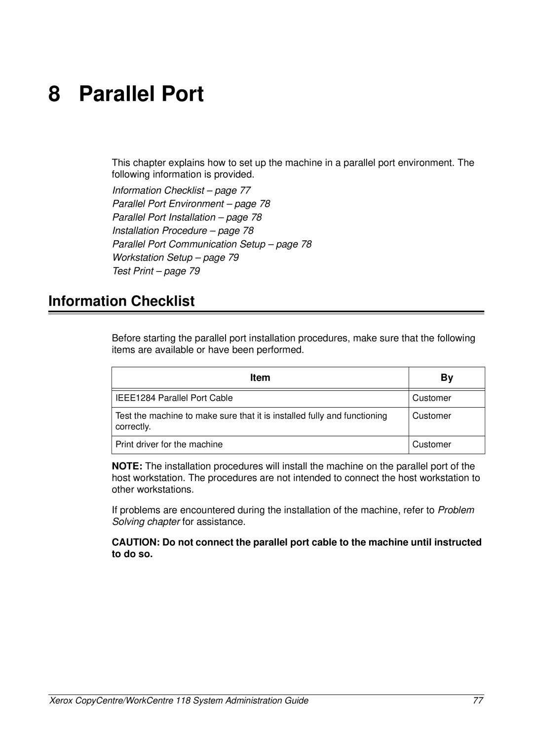 Xerox 701P42722_EN manual Parallel Port, Information Checklist 