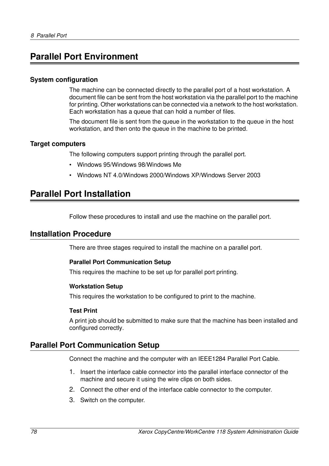 Xerox 701P42722_EN manual Parallel Port Environment, Parallel Port Installation, Parallel Port Communication Setup 