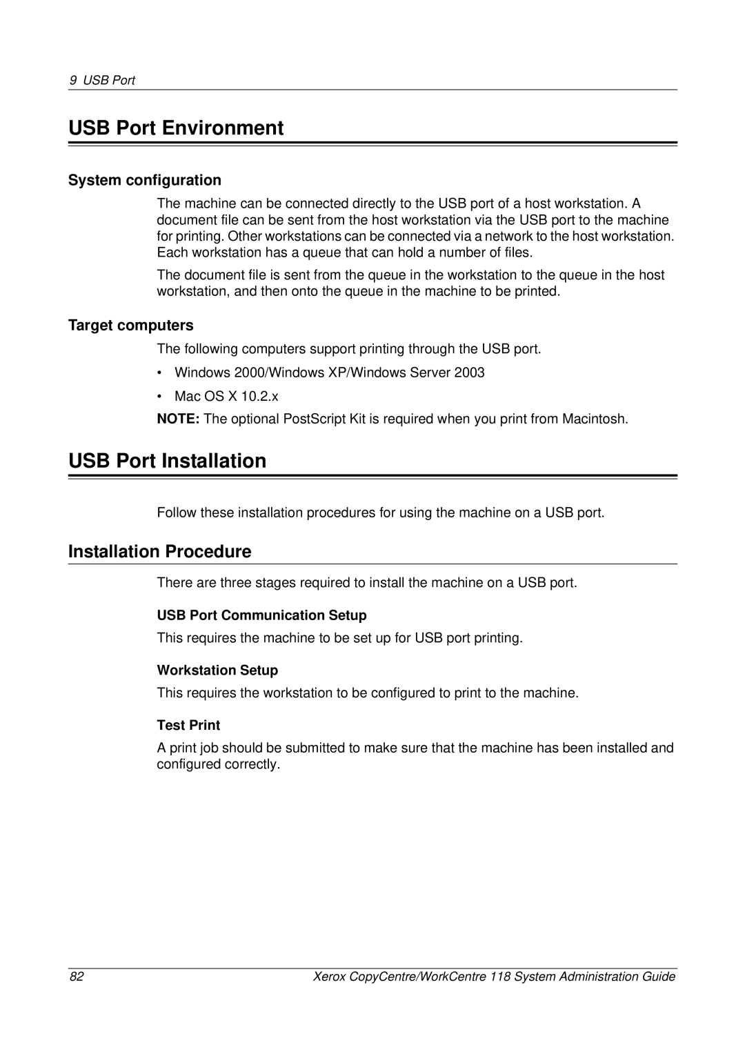 Xerox 701P42722_EN manual USB Port Environment, USB Port Installation, USB Port Communication Setup 