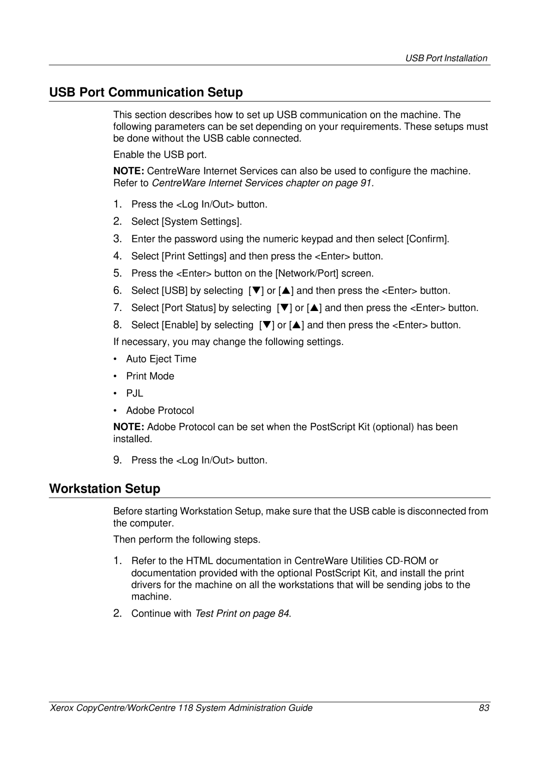 Xerox 701P42722_EN manual USB Port Communication Setup, Workstation Setup 