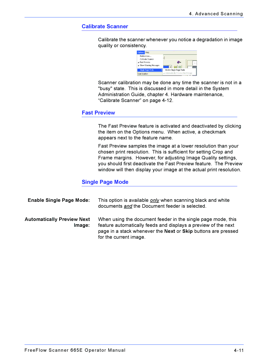 Xerox 701P44148 manual Calibrate Scanner, Fast Preview, Single Page Mode 