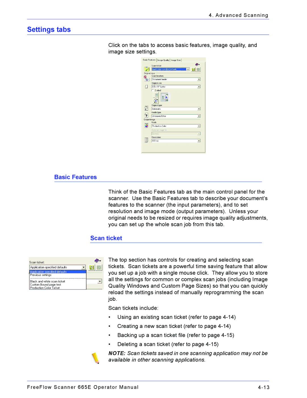 Xerox 701P44148 manual Settings tabs, Basic Features, Scan ticket 