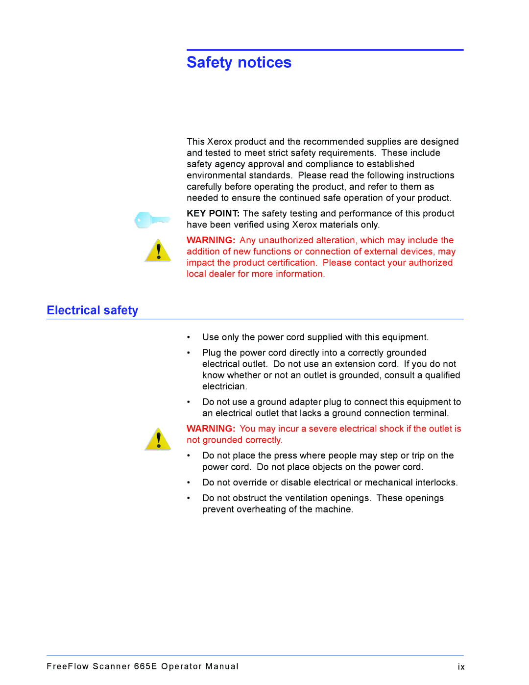 Xerox 701P44148 manual Safety notices, Electrical safety 