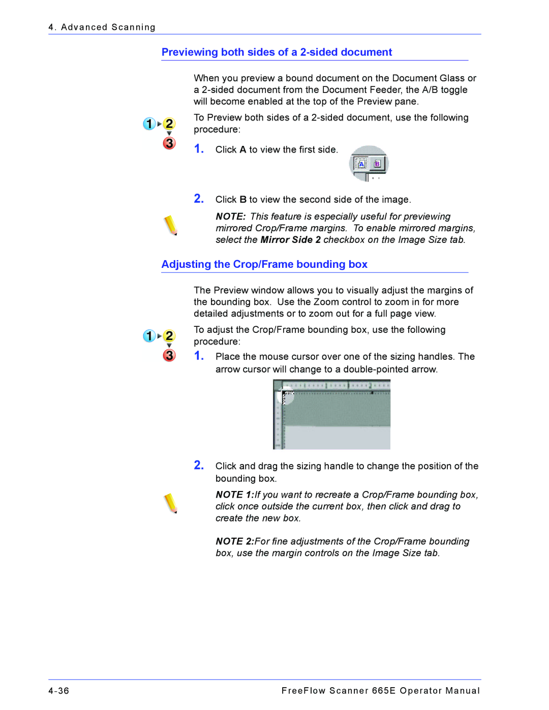 Xerox 701P44148 manual Previewing both sides of a 2-sided document, Adjusting the Crop/Frame bounding box 