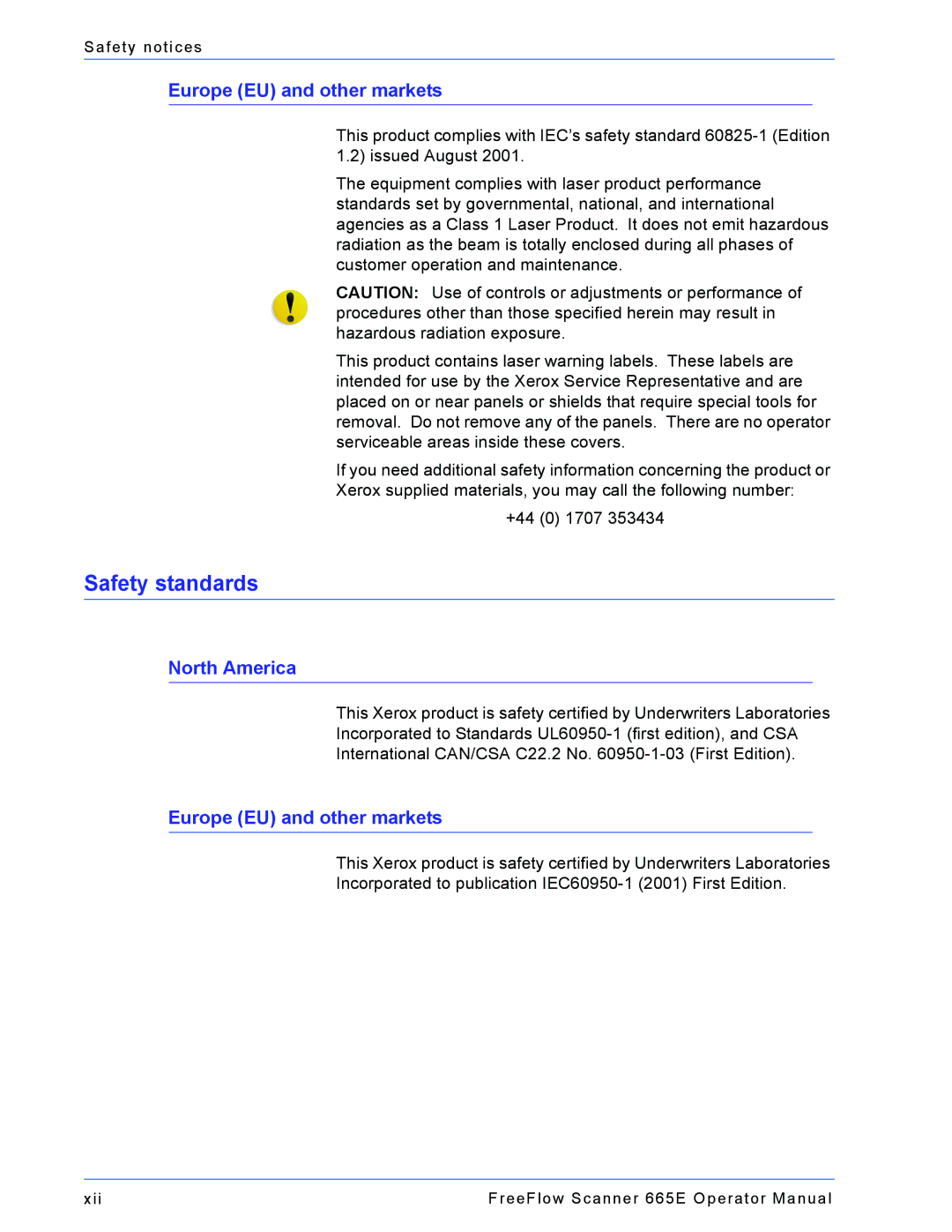 Xerox 701P44148 manual Safety standards, Europe EU and other markets 