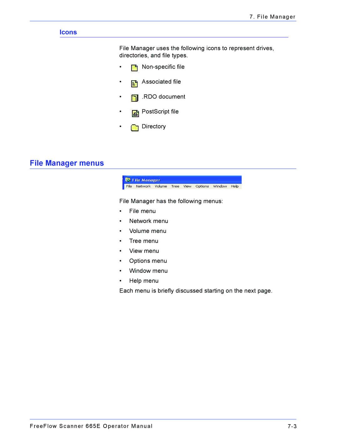 Xerox 701P44148 manual File Manager menus, Icons 