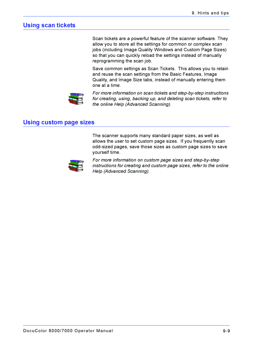 Xerox 701P44148 manual Using scan tickets, Using custom page sizes 