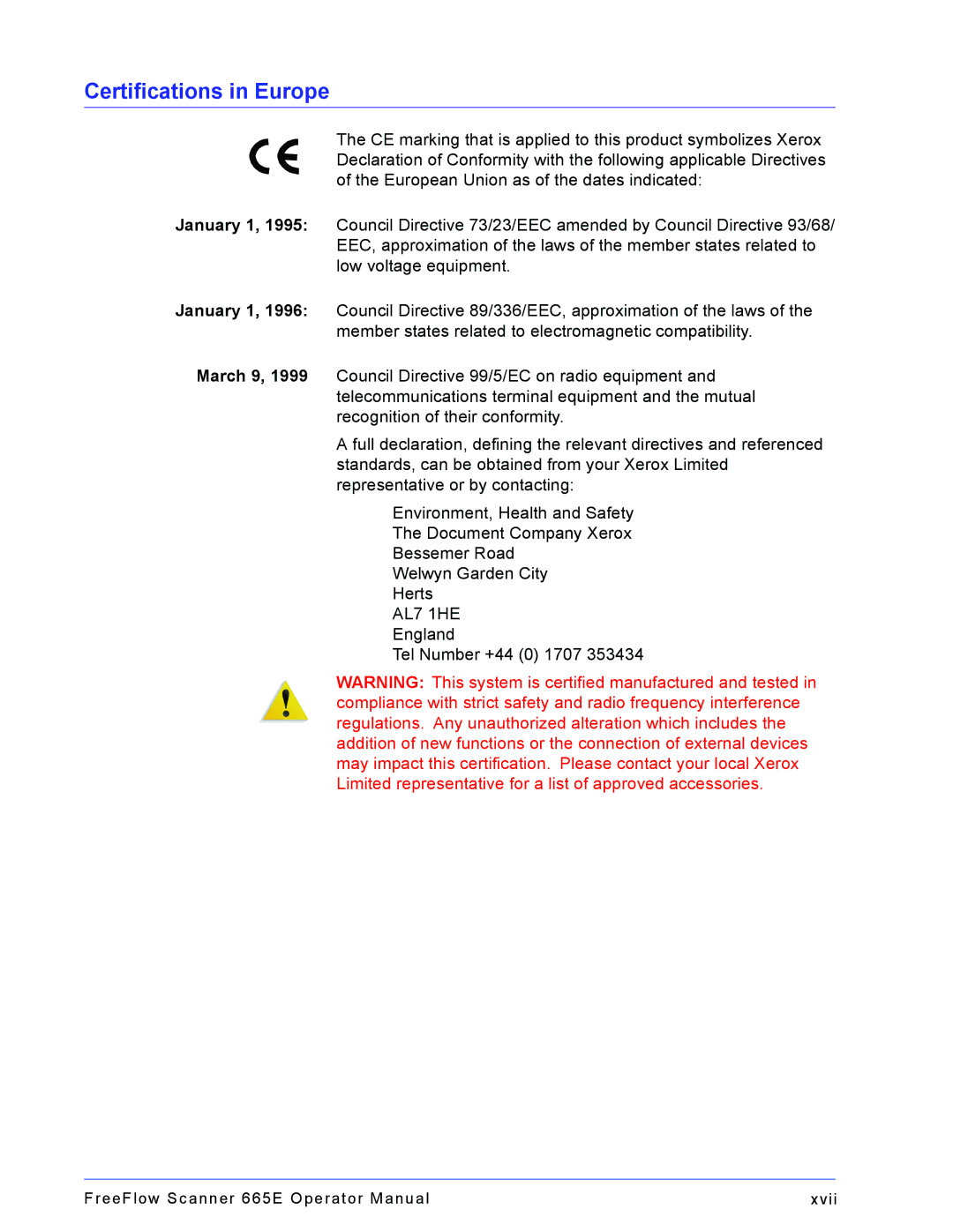 Xerox 701P44148 manual Certifications in Europe 