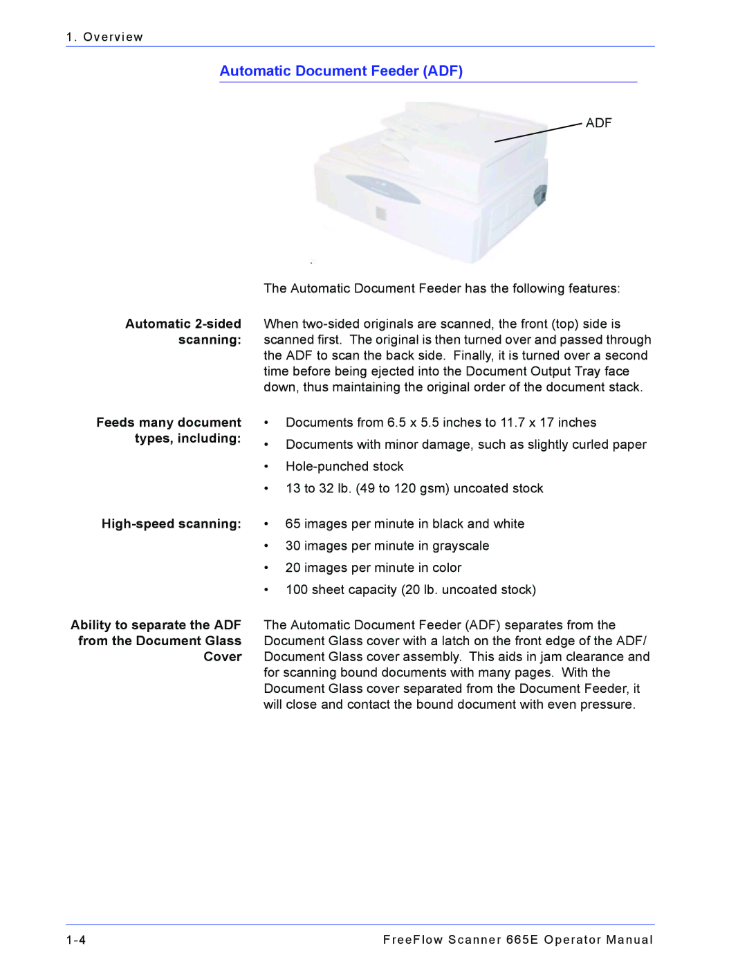 Xerox 701P44148 manual Automatic Document Feeder ADF, Automatic 2-sided, Scanning, Feeds many document, Types, including 