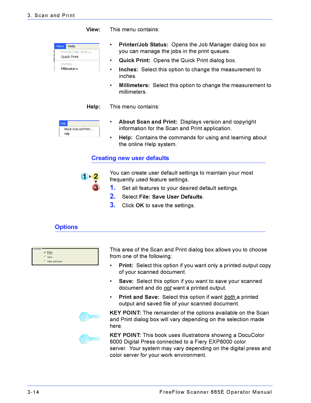 Xerox 701P44148 manual Creating new user defaults, Options, Select File Save User Defaults 