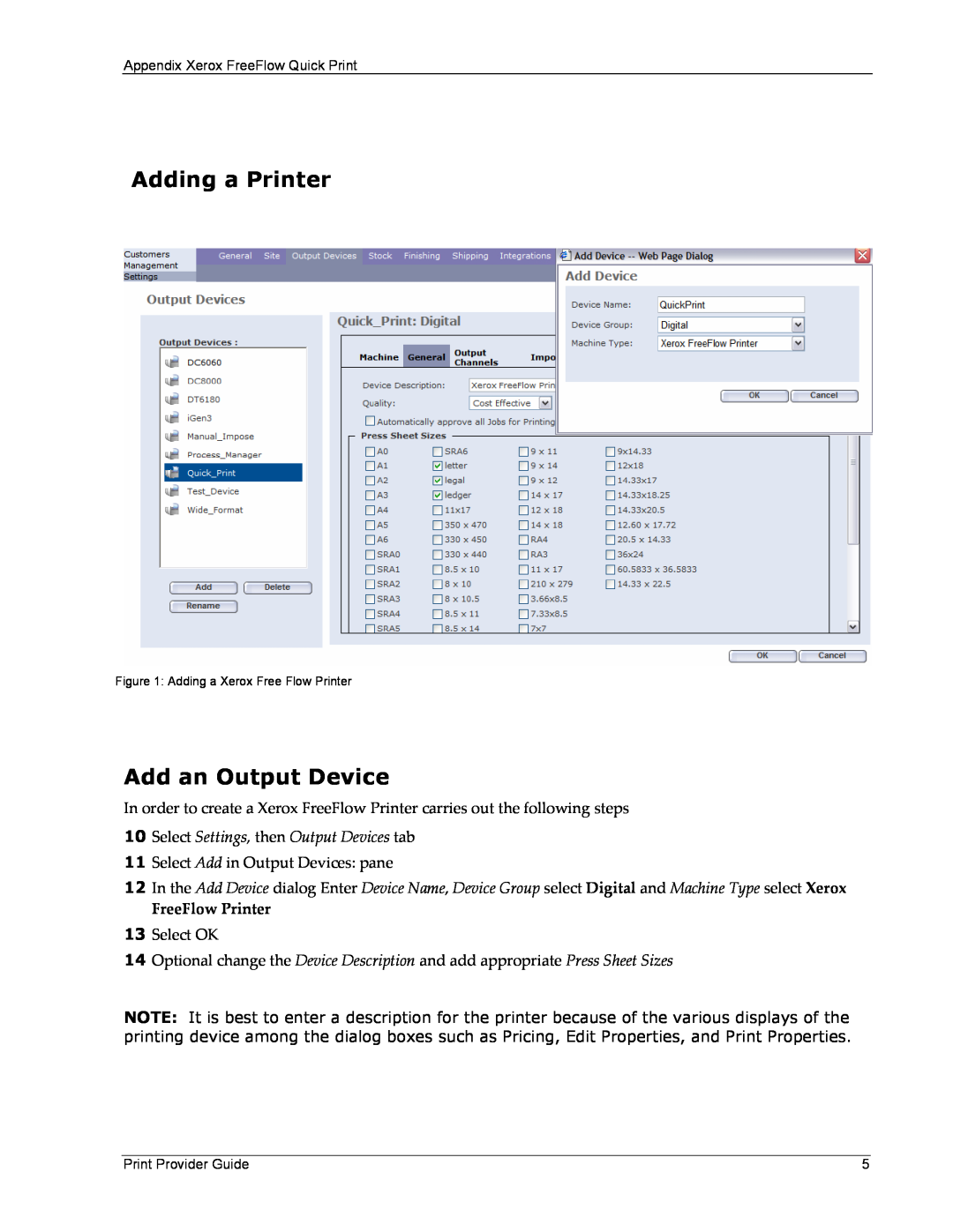 Xerox 701P45570 manual Adding a Printer, Add an Output Device, Select Settings, then Output Devices tab, FreeFlow Printer 