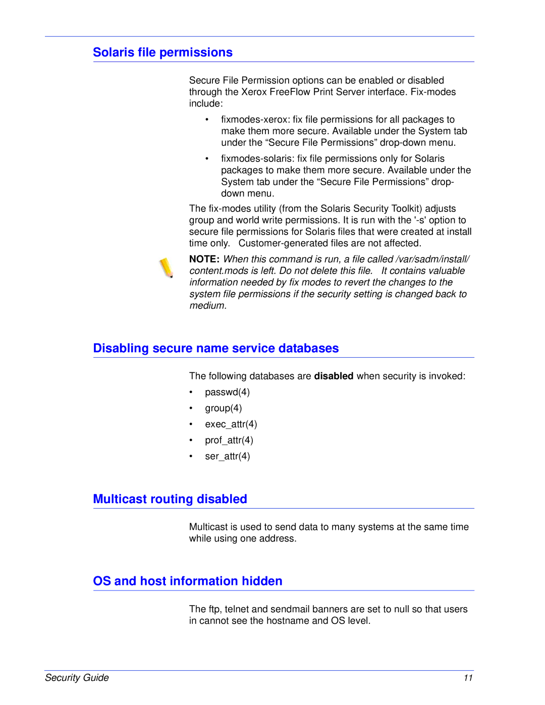 Xerox 701P46740 manual Solaris file permissions, Disabling secure name service databases, Multicast routing disabled 