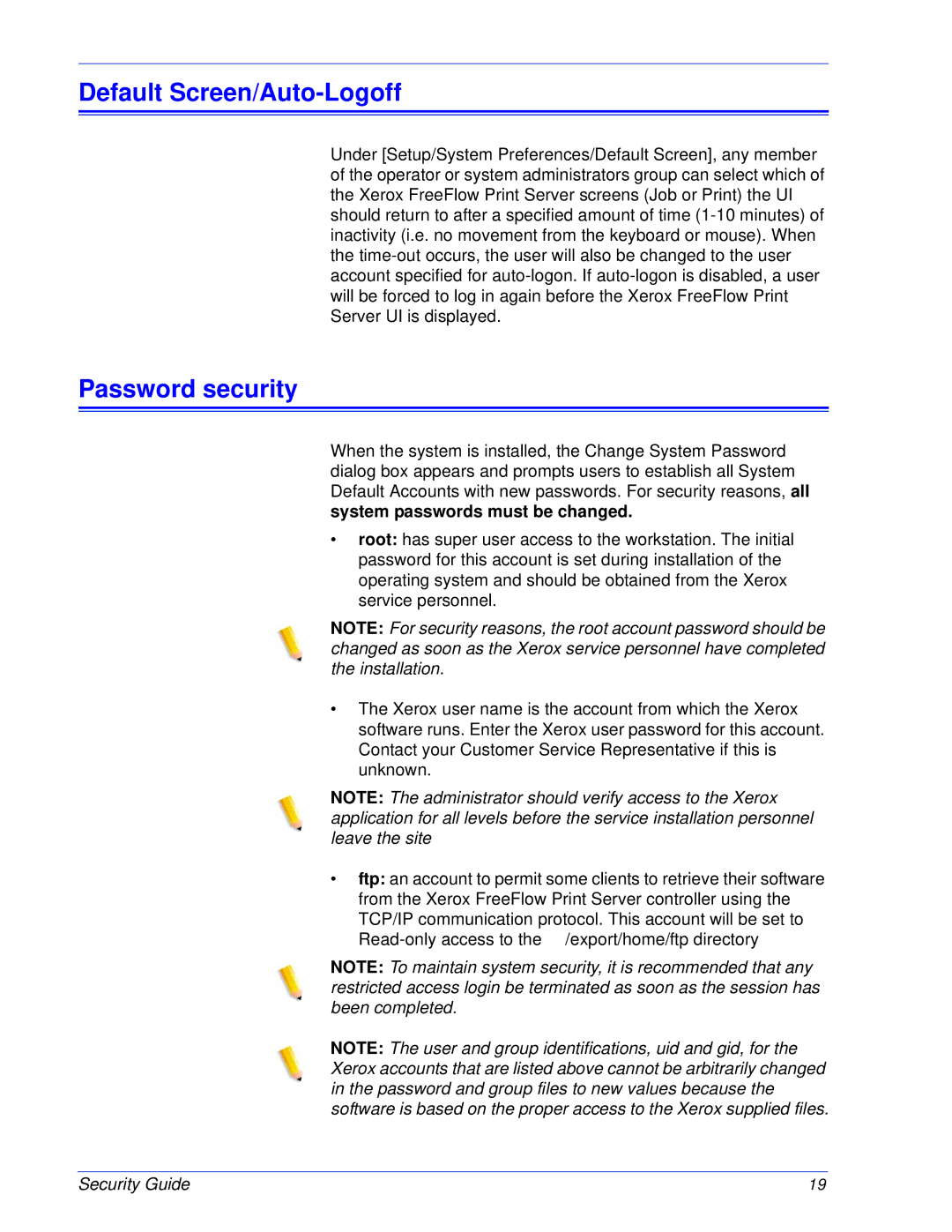 Xerox 701P46740 manual Default Screen/Auto-Logoff, Password security 