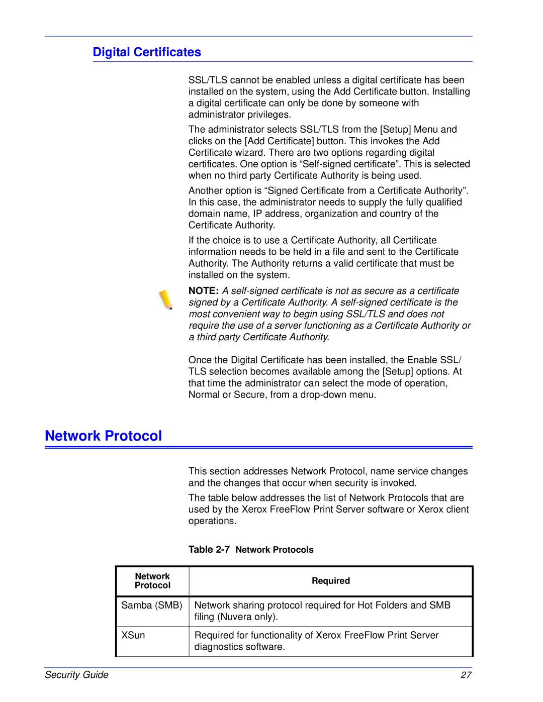 Xerox 701P46740 manual Network Protocol, Digital Certificates 