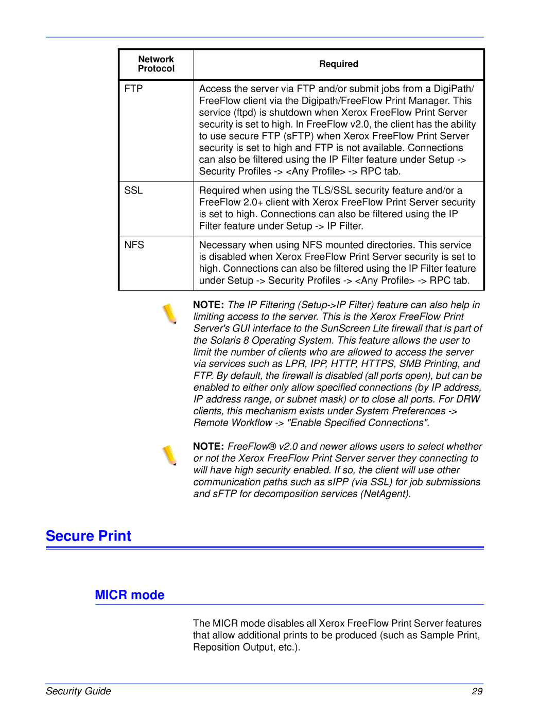 Xerox 701P46740 manual Secure Print, Micr mode, Ssl, Nfs 