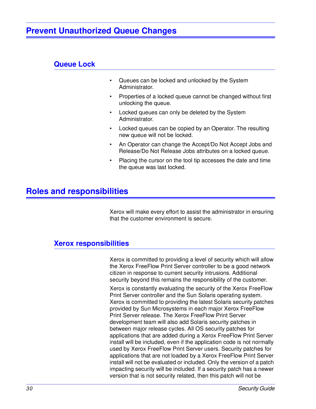 Xerox 701P46740 manual Prevent Unauthorized Queue Changes, Roles and responsibilities, Queue Lock, Xerox responsibilities 