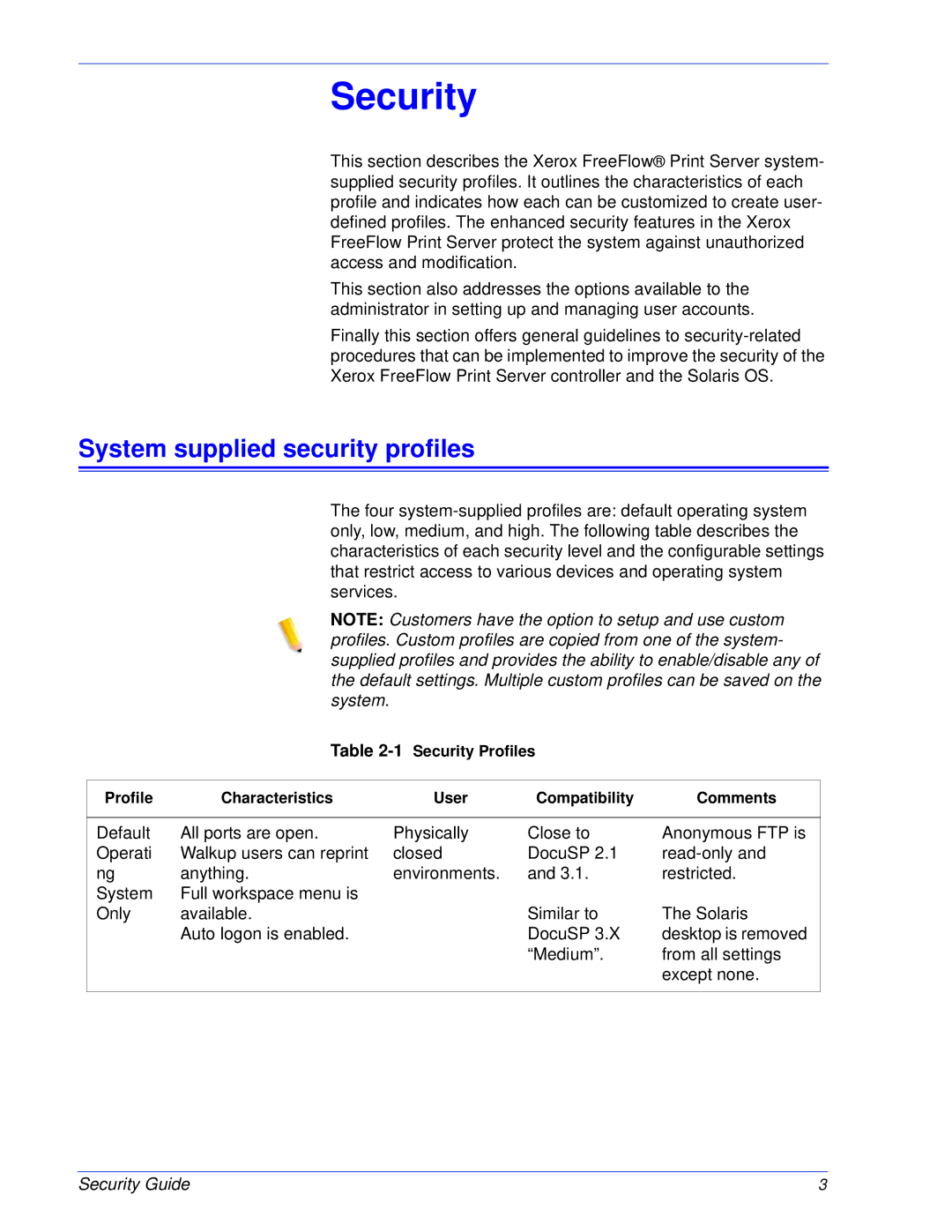 Xerox 701P46740 manual Security, System supplied security profiles 