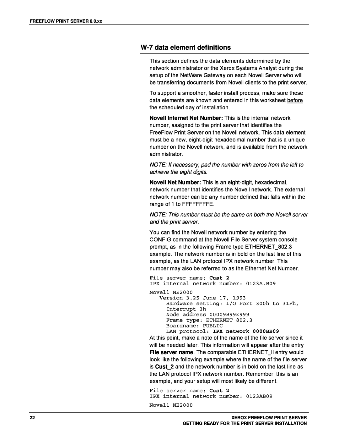 Xerox 701P46985 manual W-7data element definitions, LAN protocol IPX network 0000BB09 
