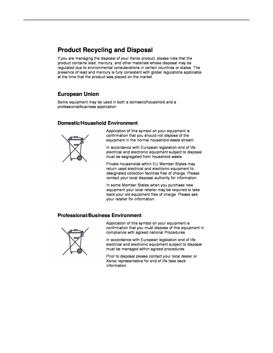 Xerox 701P46985 manual Product Recycling and Disposal, European Union, Domestic/Household Environment 
