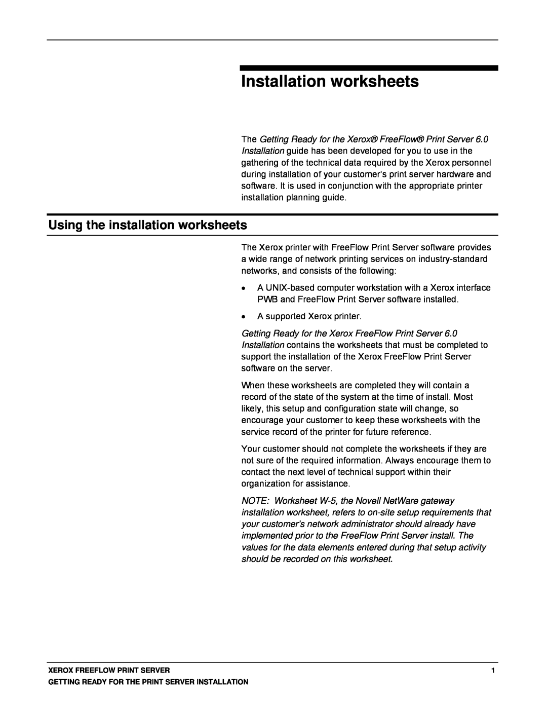 Xerox 701P46985 manual Installation worksheets, Using the installation worksheets 