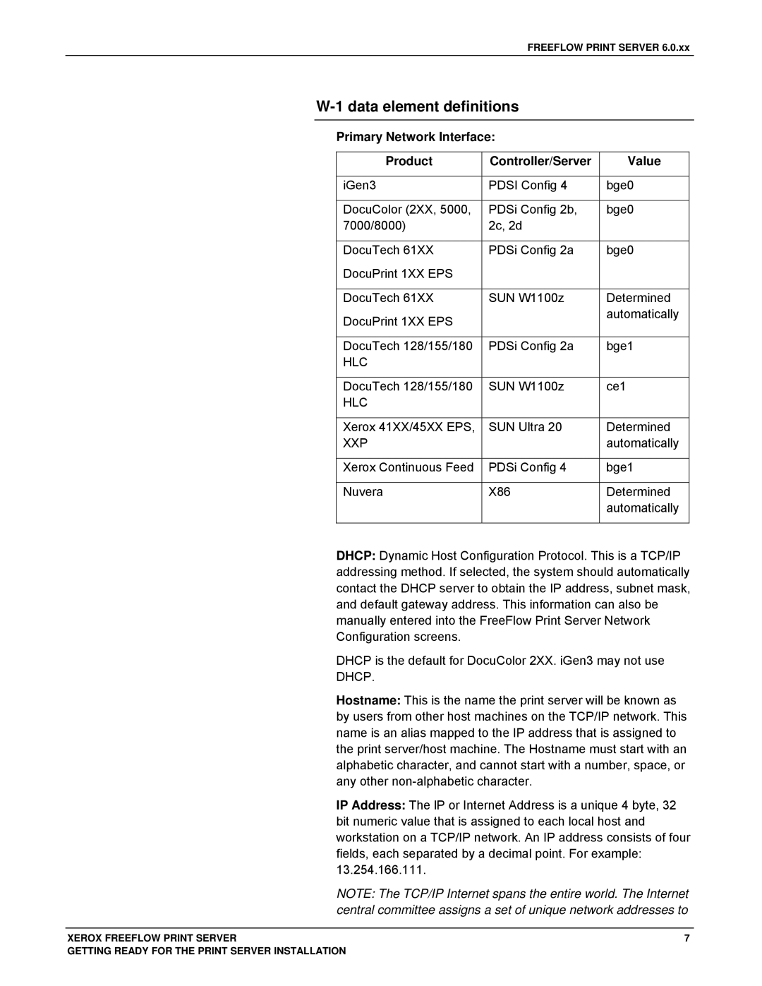 Xerox 701P46985 manual Data element definitions, Primary Network Interface Product Controller/Server Value, Hlc, Xxp 