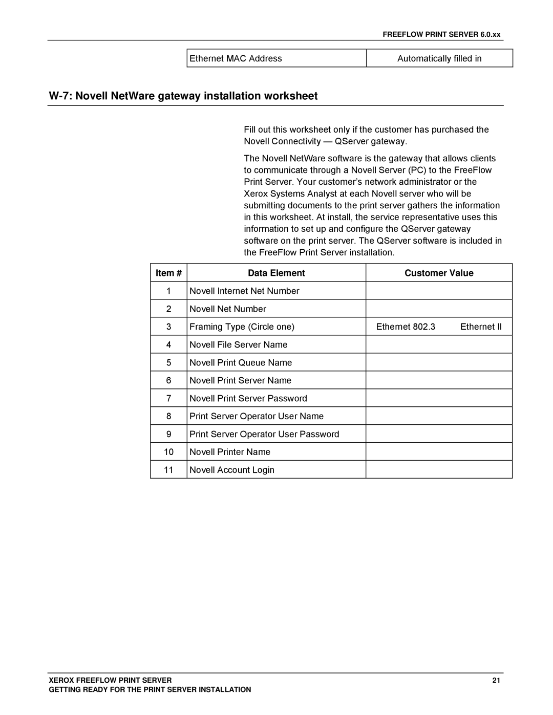 Xerox 701P46985 manual Novell NetWare gateway installation worksheet, Ethernet MAC Address Automatically filled 