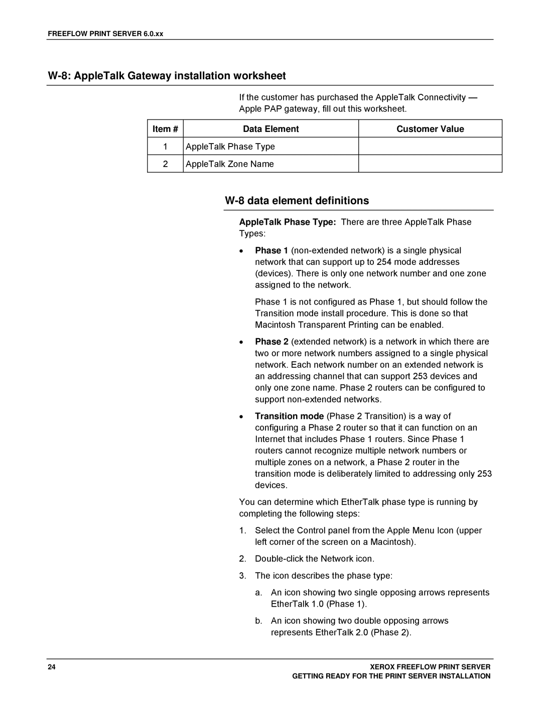 Xerox 701P46985 manual AppleTalk Gateway installation worksheet, AppleTalk Phase Type AppleTalk Zone Name 