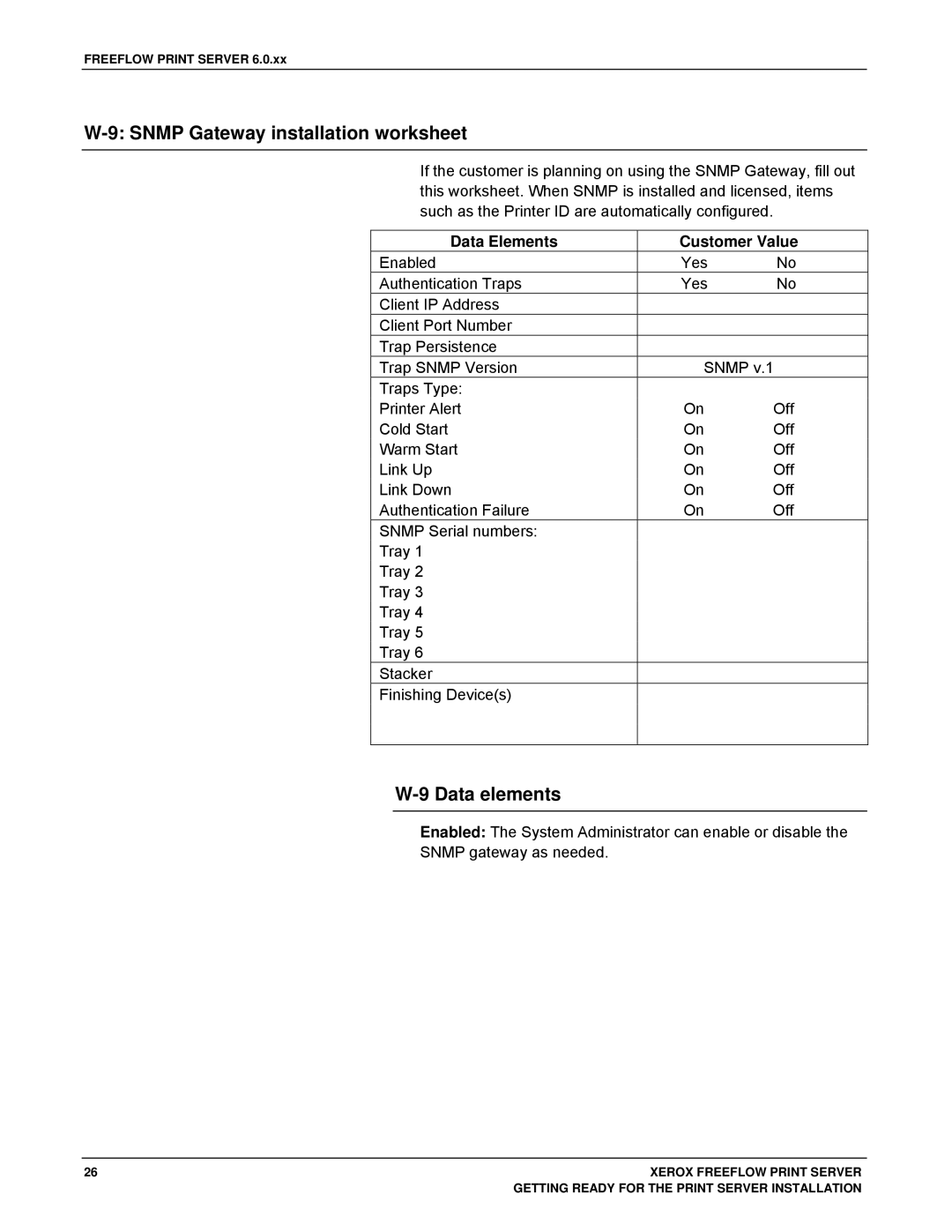 Xerox 701P46985 manual Snmp Gateway installation worksheet, Data elements, Data Elements, Yes No Snmp Off 