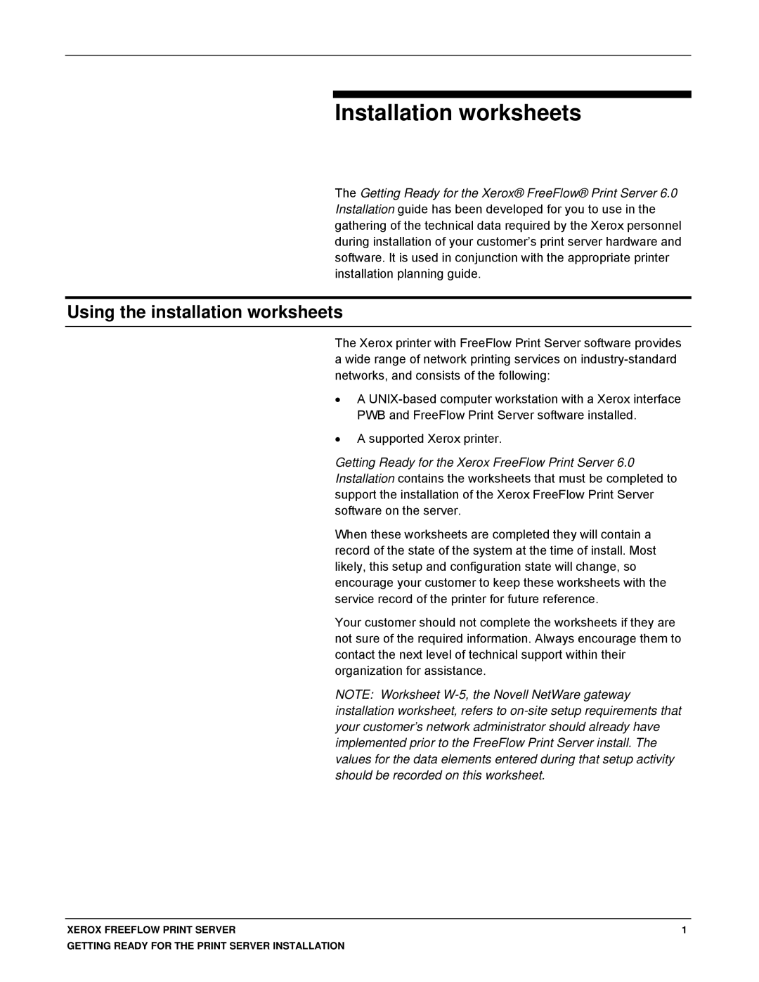 Xerox 701P46985 manual Installation worksheets 