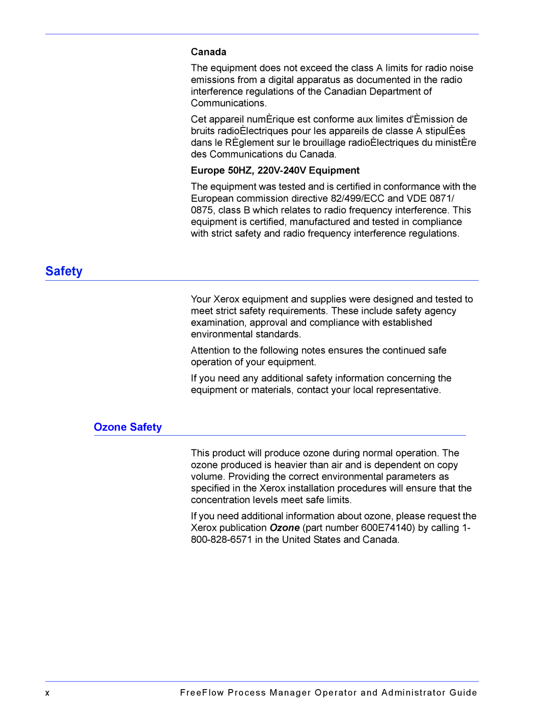 Xerox 701P47169 manual Ozone Safety, Canada, Europe 50HZ, 220V-240V Equipment 