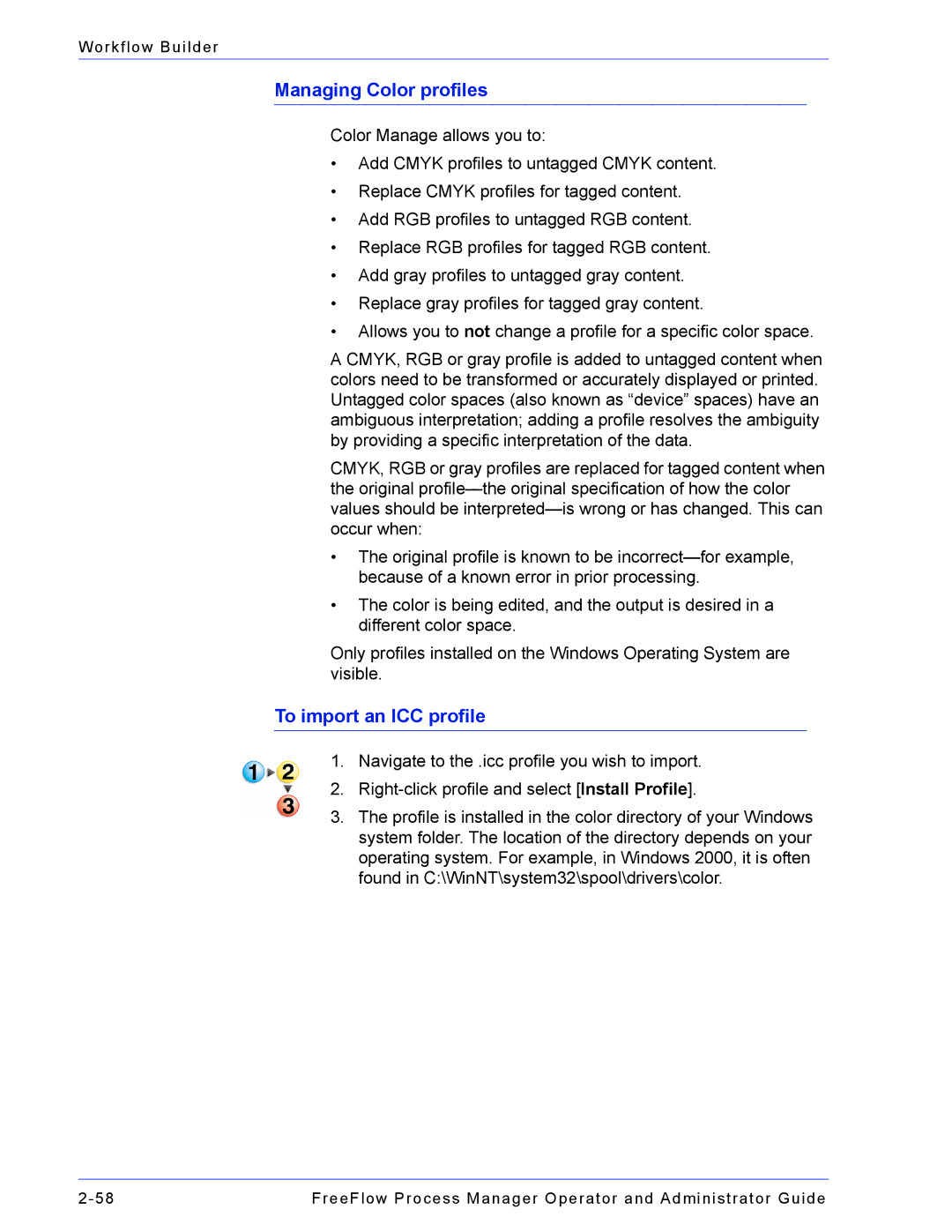 Xerox 701P47169 manual Managing Color profiles, To import an ICC profile 