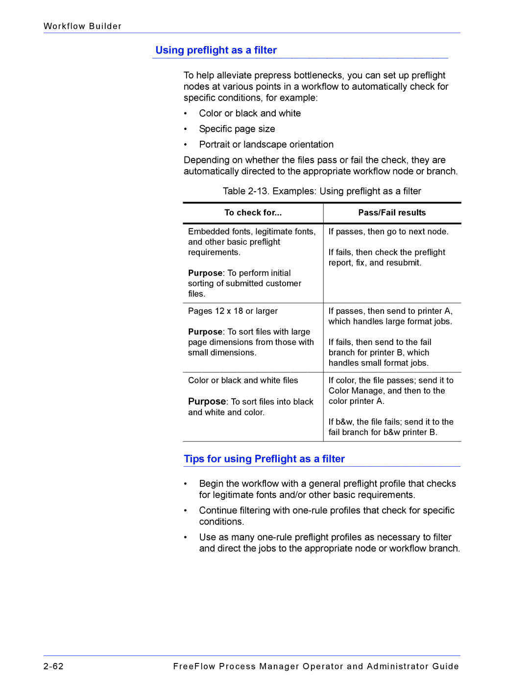 Xerox 701P47169 manual Using preflight as a filter, Tips for using Preflight as a filter, To check for Pass/Fail results 