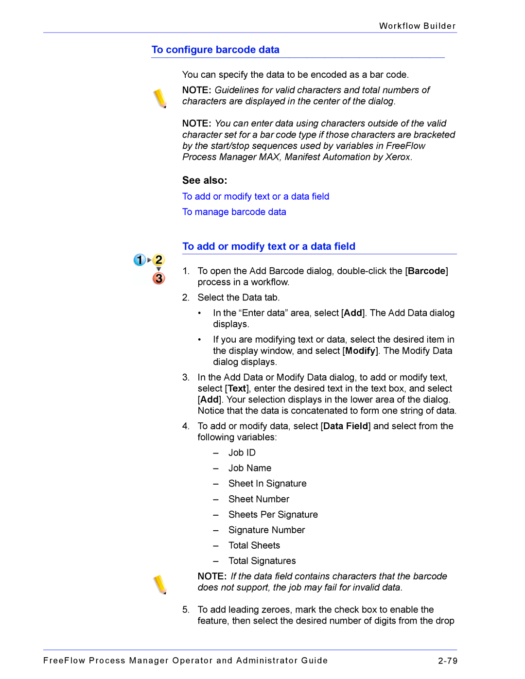 Xerox 701P47169 manual To configure barcode data, To add or modify text or a data field 